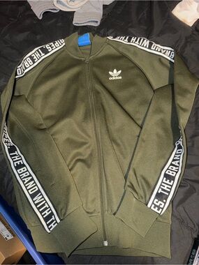 adidas Olive Green Zip-Up Track Jacket with Branded Sleeve Tape